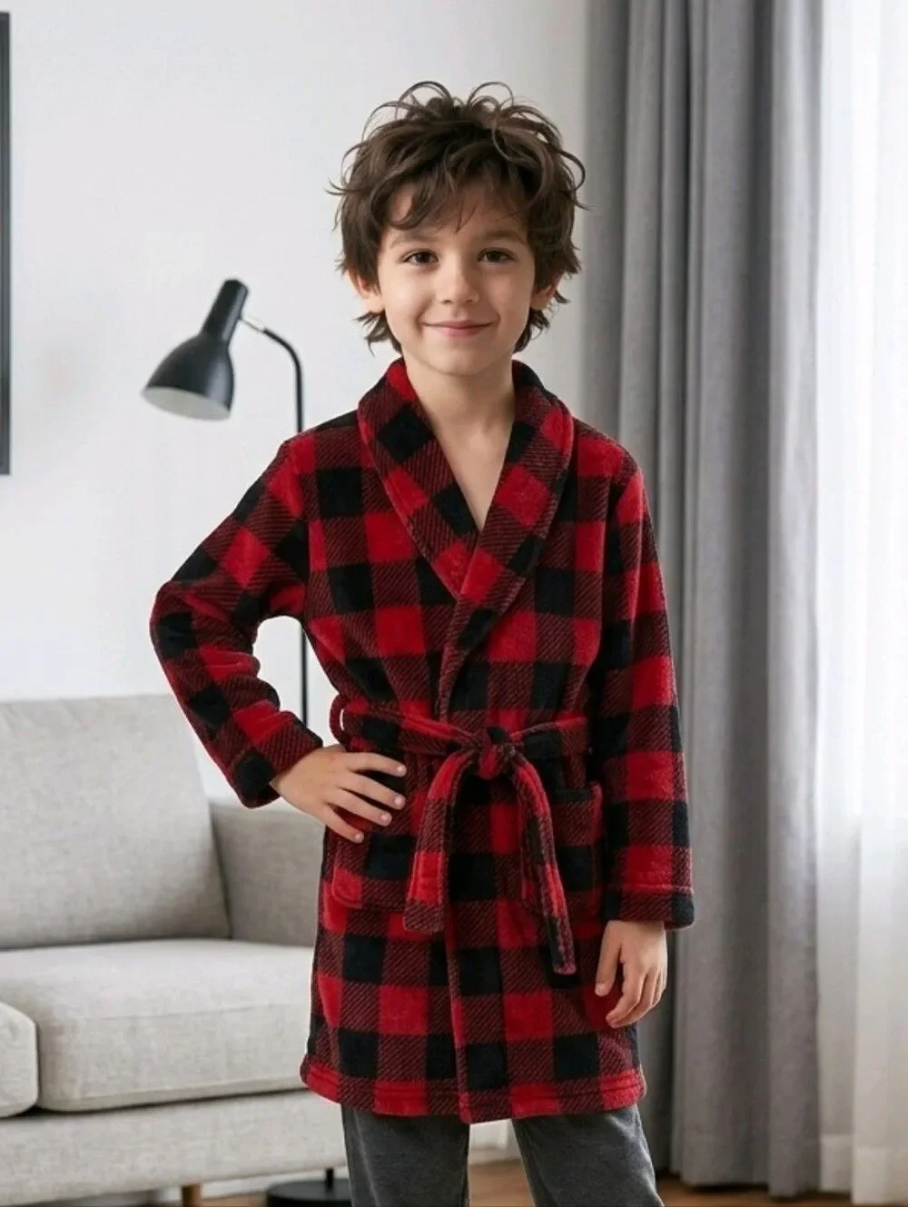 Cuddl Duds Kids Chill Chaser Red Black Buffalo Plaid Child Robe Faux Fur Plush
